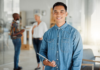 Wall Mural - portrait, smile and asian man with tablet, office and confident for project, creative and profession