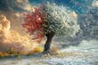 © Vlad - Four Season Tree. Magical Tree with Flowers in Winter Sky Wallpaper