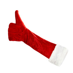 Hand in red santa glove finger up isolated on white. Positive holiday design element.Thumb up