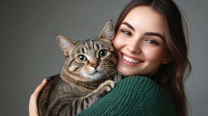 Wall Mural - Photo of a woman in a green sweater holding a cat.