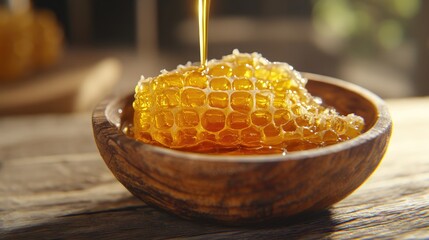 A close-up of honeycomb dripping golden honey into a rustic bowl on a wooden surface