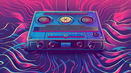 Colorful retro cassette player on a vibrant background.