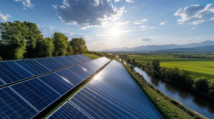 aerial image of an expansive solar farm on a sunny day.