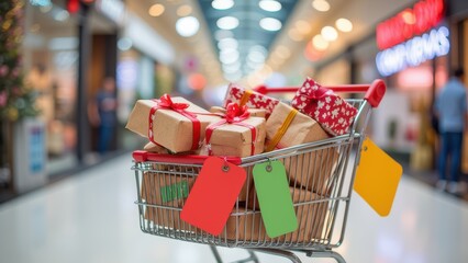 Shopping Cart with Wrapped Gifts in a Mall