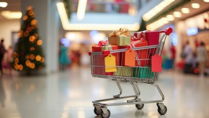 Colorful Shopping Cart Filled with Gifts