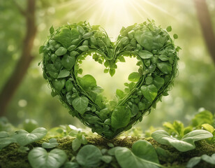 Green leaves shaped heart in nature symbol of ecological environment