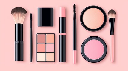 Stylish makeup products arranged on a pastel pink background, highlighting beauty essentials for a flawless look.