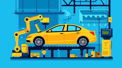 A yellow car being assembled in a modern factory with robotic machinery and industrial equipment.