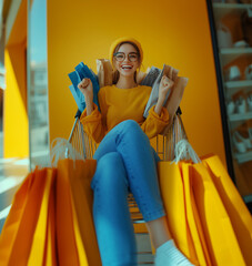 Woman in shopping cart with shopping bags laughing; discount and sale concept