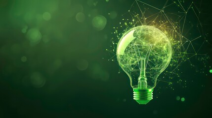 Wall Mural - a glowing light bulb made of green and gold lines against a green background.