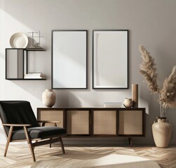 Minimalist living room interior with empty frames on a wall, a wooden cabinet, armchair, and decor. Mockup