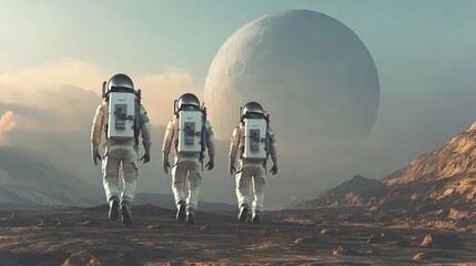 three astronauts in white spacesuits walk across a red and rocky alien planet toward a large, white 
