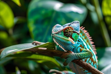 Colorful chameleon resting on a branch in tropical foliage