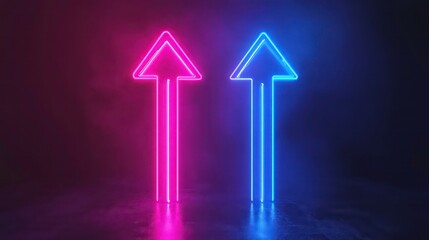 Wall Mural - two neon arrows pointing upwards, one pink and one blue, on a dark background with fog.