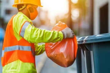 Sanitation Worker Disposing Trash in a Waste Bin