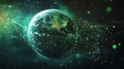 Wall Mural - a stylized image of the earth, with a glowing green network of lines and dots radiating from it, rep