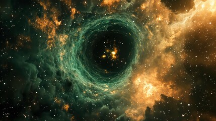 Wall Mural - a swirling nebula with a dark center surrounded by bright stars.