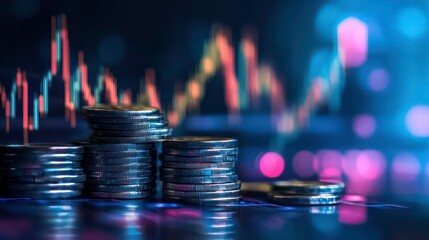 Wall Mural - a stack of coins in front of a stock market chart with bokeh lights in the background.