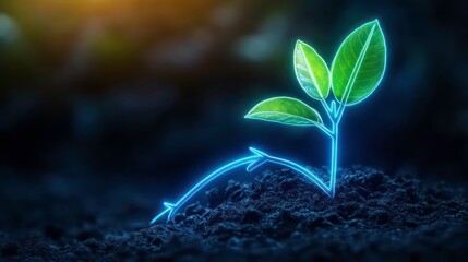 Wall Mural - a glowing blue arrow points towards a green sprout growing out of the ground in a dark background.
