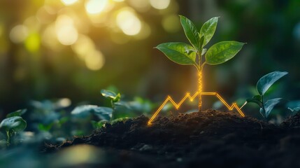 Wall Mural - a young plant with a golden growth graph behind it, symbolizing growth and progress.