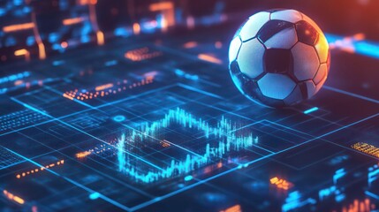 Wall Mural - a soccer ball rests on a futuristic digital grid with glowing blue and orange lights.