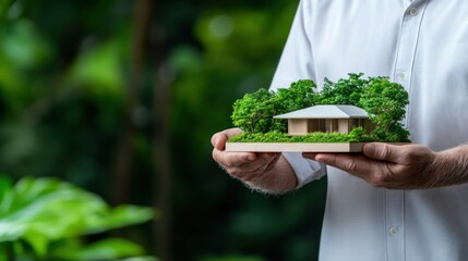 Architect holding a model of a zero-energy home, symbolizing the innovation and sustainability in green housing development