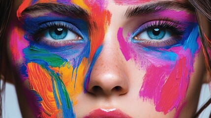 Wall Mural - The artwork features a young woman with vivid, multicolored face paint that showcases her blue eyes