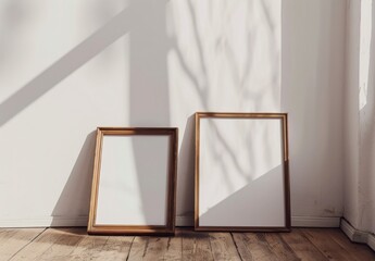 Two blank picture frames with wooden borders are placed on a wooden floor against a white wall with tree shadows