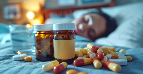 Medicine bottles and pills on a bedside table beside a glass of water, with a person resting in the background.