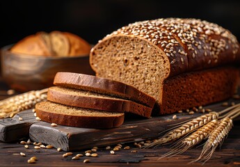 Whole grain bread loaf sliced on a wooden cutting board, topped with sesame seeds and surrounded by wheat stalks, representing wholesome nutrition and healthy eating