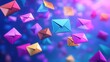 © florynstudio3 - A vibrant and colorful 3D rendering of many floating envelopes against a blue, purple, and pink background.