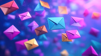 a vibrant and colorful 3d rendering of many floating envelopes against a blue, purple, and pink back