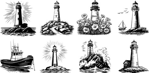 Vintage vector sketch Set of a lighthouse with clouds at the beach. Black and white illustration Pack.