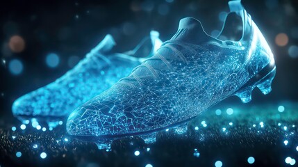 Wall Mural - a pair of futuristic, blue glowing soccer cleats on a dark background with bokeh lights.