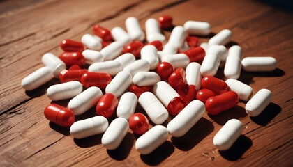 White medicine capsules on old wooden table.