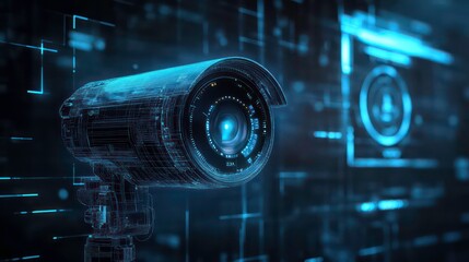Poster - a futuristic-looking security camera with glowing blue digital lines and data behind it.