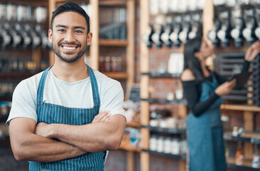 Poster - Portrait, business owner and asian man with arms crossed for coffee shop, professional and pride for job. Smile, male person and happy barista in cafe for hospitality, customer service and confidence