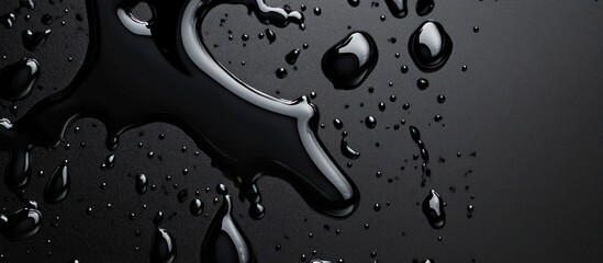 Black liquid splatter effect with glossy droplets over a dark surface