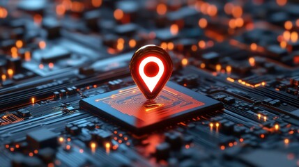 Wall Mural - a golden location pin rests on a circuit board, symbolizing the connection between technology and lo