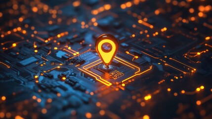 Wall Mural - a glowing location pin sits on a circuit board, representing the convergence of technology and locat