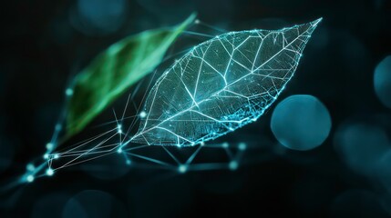 Wall Mural - a translucent leaf with veins glowing blue, connected to a green leaf by a network of lines and dots
