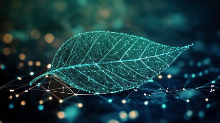 Wall Mural - a single, glowing, green leaf with veins visible, resting on a network of connecting lines and glowi