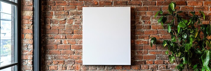 blank vertical canvas hanging on brick wall in restaurant