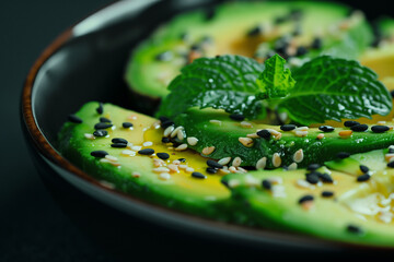 Slices of avocado seasoned with sesame seeds and herbs on a dark plate and background