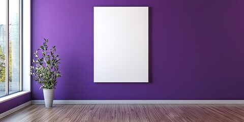 blank vertical canvas handing on purple wall in home living room