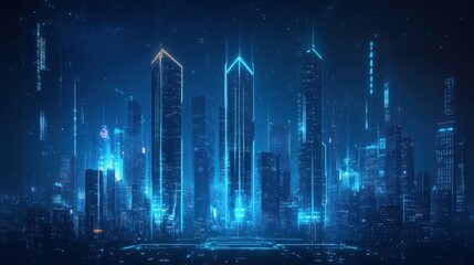 Wall Mural - dark blue wallpaper with a futuristic city skyline illuminated by neon lights