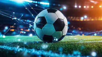 Wall Mural - a soccer ball sits on a green field with a blurred background of a stadium at night and bright light