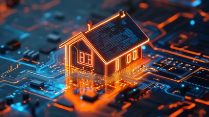 Wall Mural - a glowing house icon on a circuit board represents the concept of a smart home.