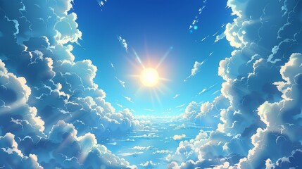 Anime blue sky filled with fluffy white clouds and a bright shining sun, joyful sunny day scene, vector image