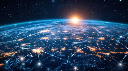 Wall Mural - a satellite view of earth at night, showing city lights and a network of interconnected lines repres